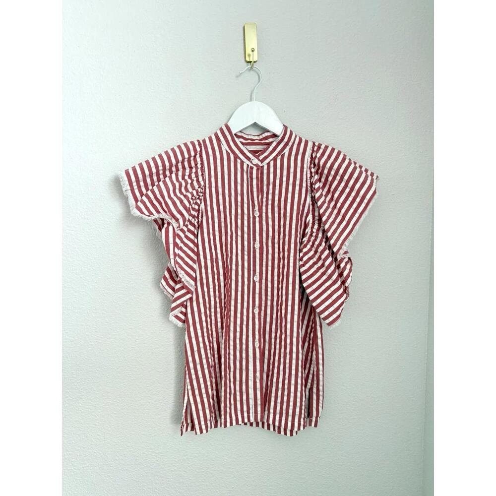A Shirt Thing LA Red‎ Striped Flutter Sleeveless Cotton Button Down Top Sz XS